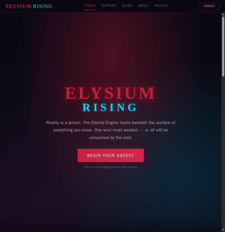 ERP: Elysium game interface — idle clicker RPG set in the Towers of Elysium universe
