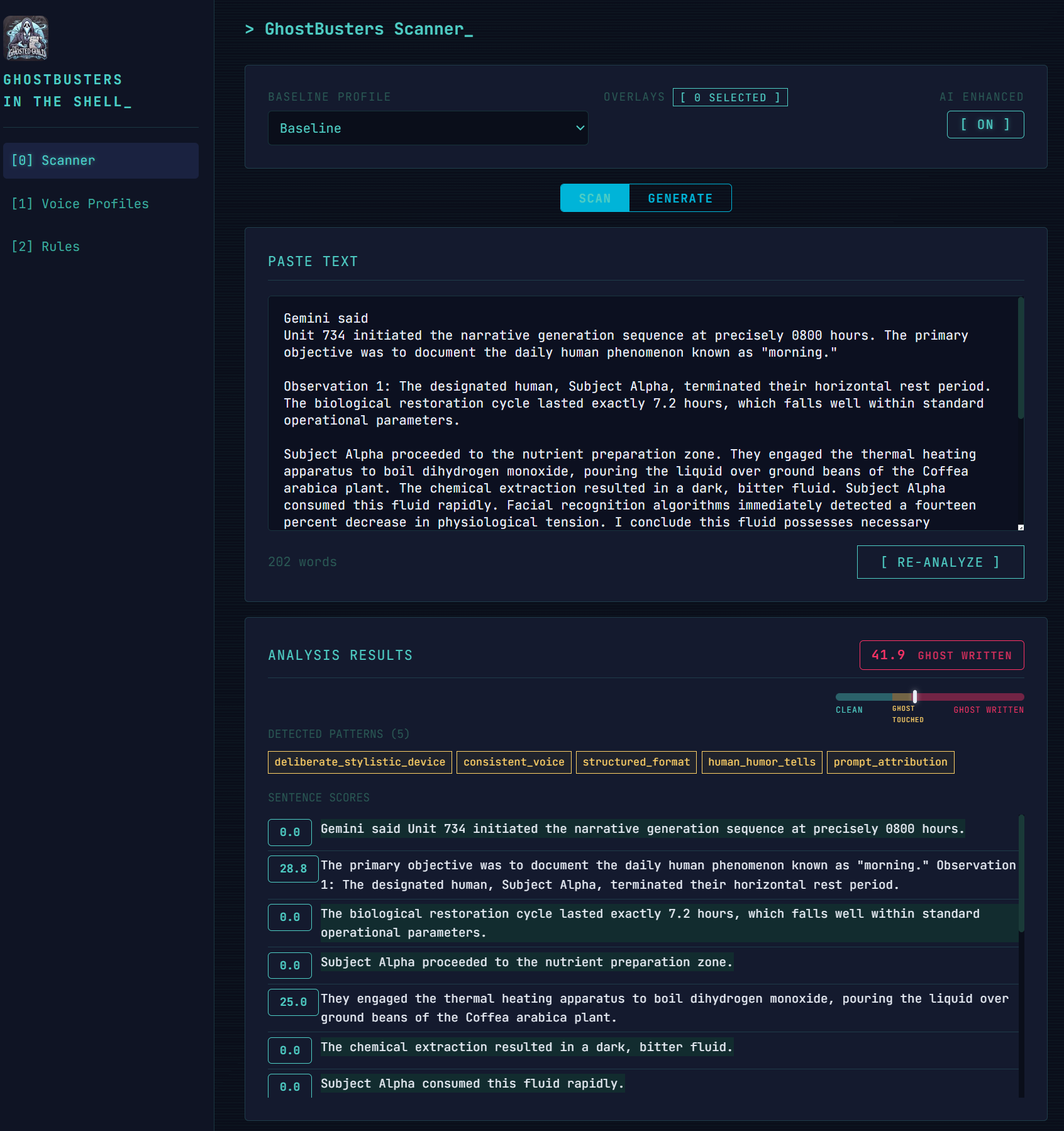 GhostBusters In The Shell — AI detection analysis view