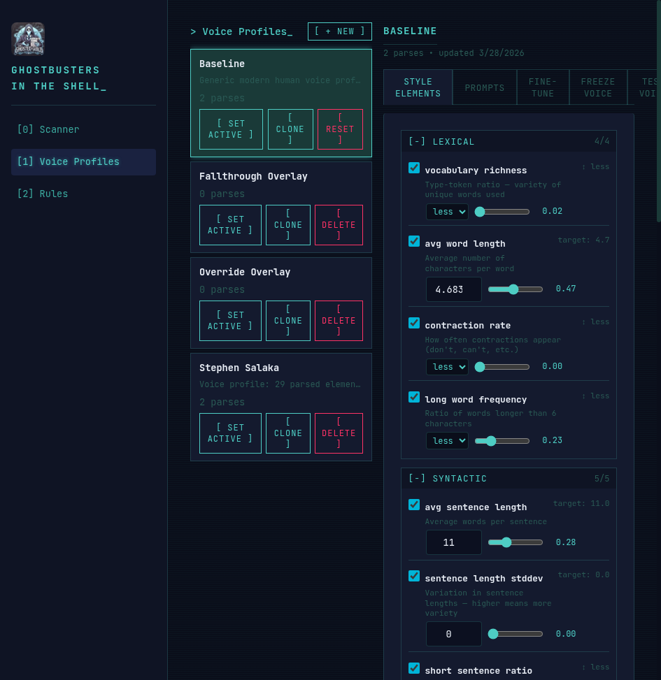 Voice profile style quantification with 65+ elements