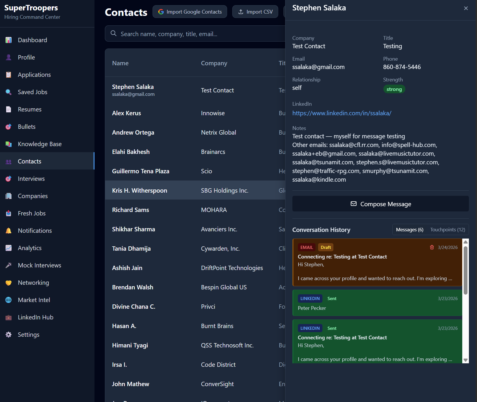 SuperTrooper contacts CRM — import from Google or CSV, track touchpoints, compose outreach