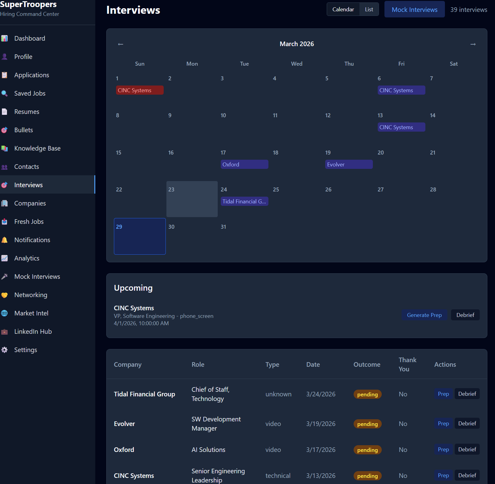 SuperTrooper interview calendar — scheduled interviews with prep materials and debrief tools