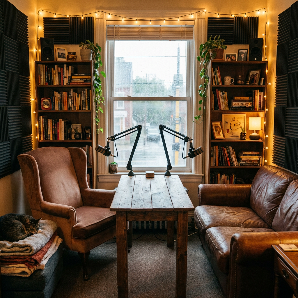 Home podcast studio with microphones on a table between an armchair and leather couch.