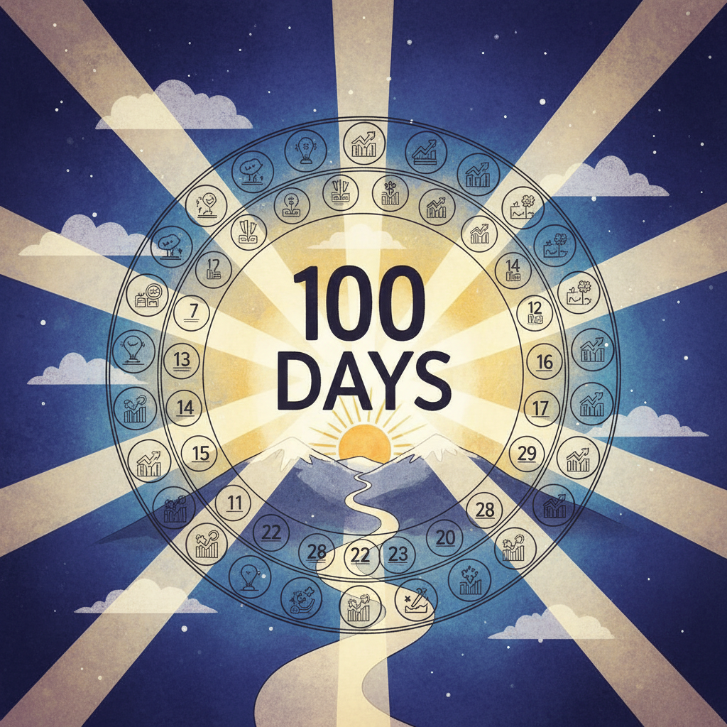 Circular progress tracker featuring the text "100 DAYS" over a mountain landscape illustration.
