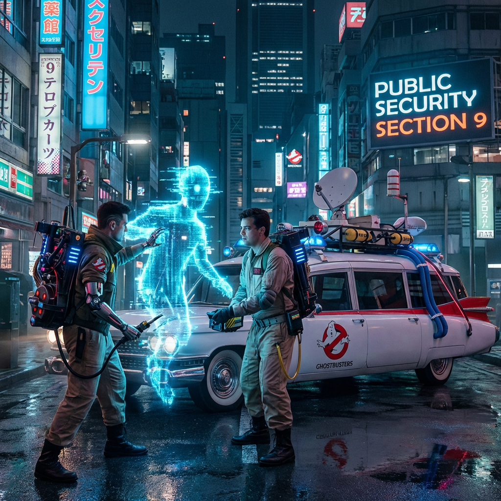 Two Ghostbusters in suits with proton packs face a glowing blue holographic figure in a neon-lit city street next to the Ecto-1 car.