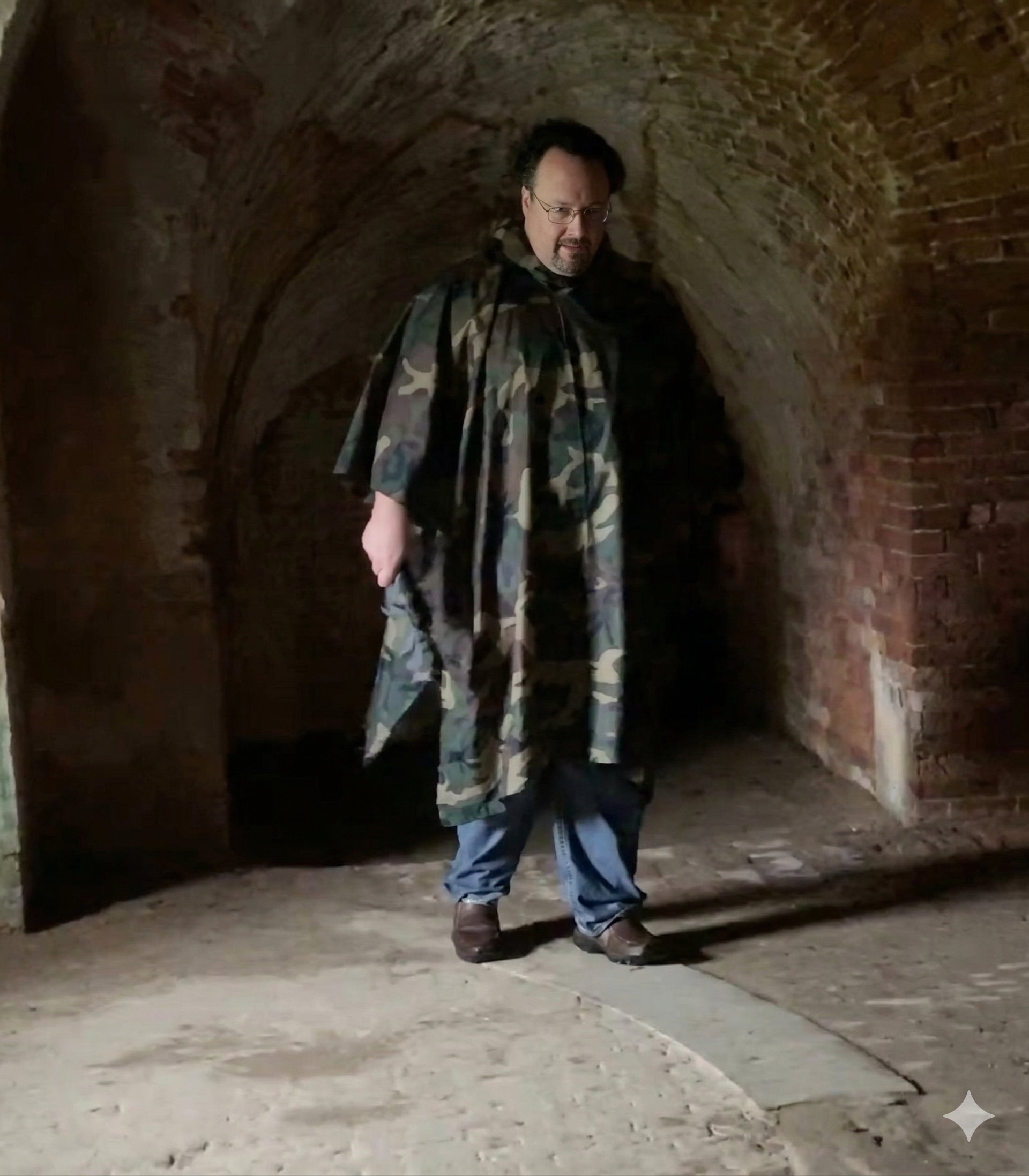 Stephen standing in dark stone cave tunnel in camo poncho